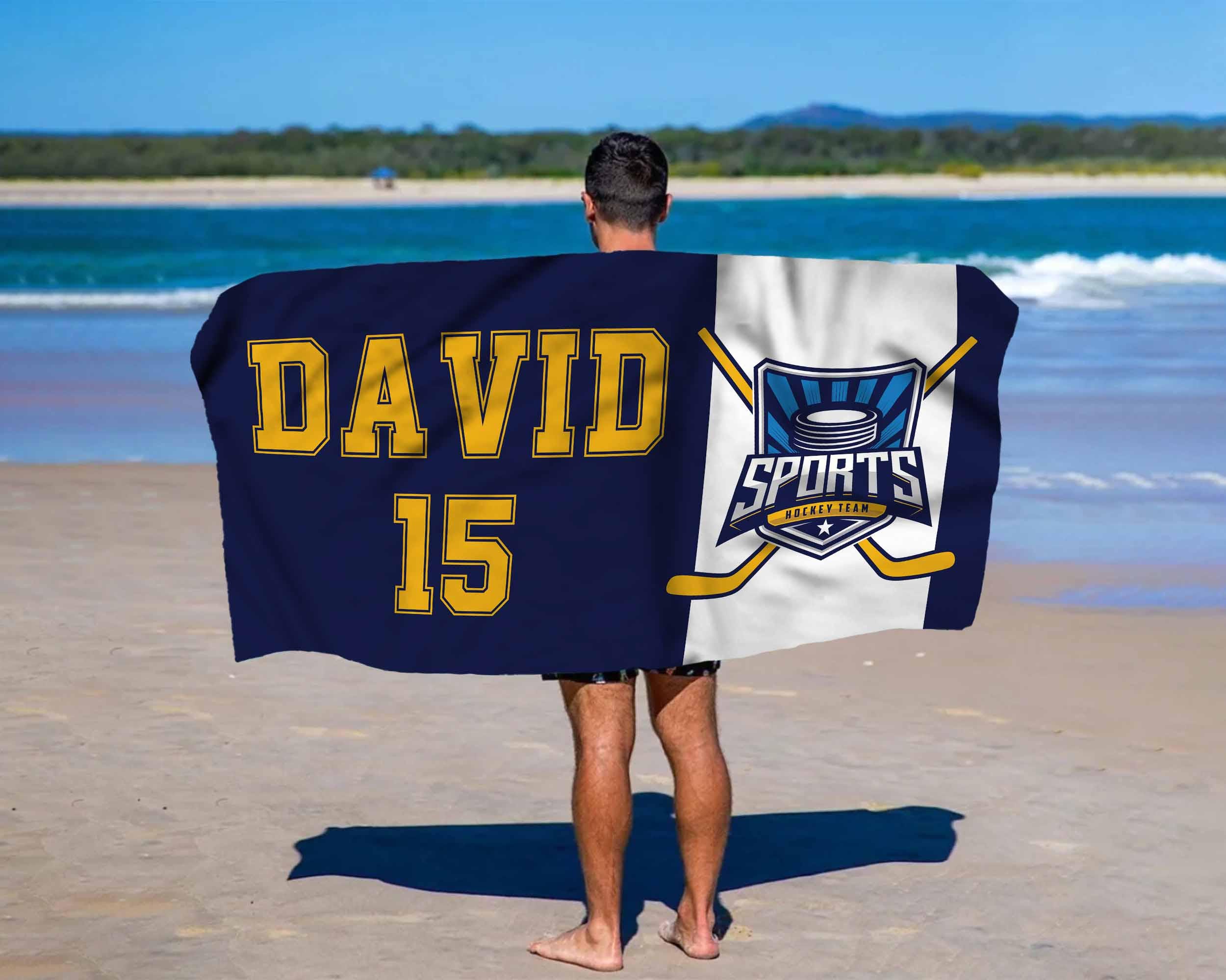 Personalized Name Hockey Beach Towel, Custom Hockey Team Logo Bath Towel, Pool Towel, Sports Beach Towel, Sport Gift, Hockey Player Gift