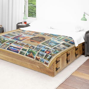 May include: A brown and beige quilt with a collage of images of national parks. The quilt features a variety of landscapes, including mountains, forests, and waterfalls. The quilt is made of a soft, comfortable fabric and is perfect for adding a touch of nature to any bedroom.