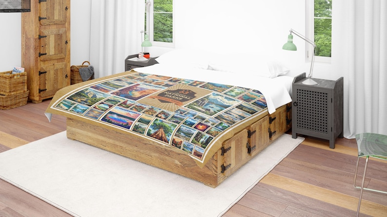 May include: A brown and beige quilt with a collage of images of national parks. The quilt features a variety of landscapes, including mountains, forests, and waterfalls. The quilt is made of a soft, comfortable fabric and is perfect for adding a touch of nature to any bedroom.