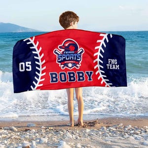 Personalized Name Baseball Beach Towel, Custom Baseball Team Logo Bath Towel, Pool Towel, Sports Beach Towel Sport Gift Baseball Player Gift