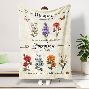 Custom First Mommy Now Grandma Blanket, Customized Grandma&#39;s Garden With Birth Month Flower Blanket, Mothers Day Grandma Gift From Grandkids