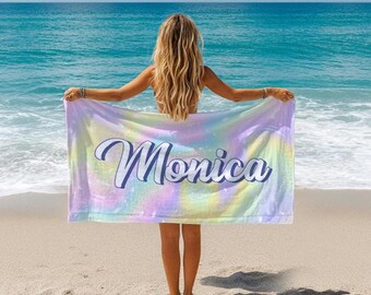 Customized Rainbow Beach Towel With Name, Monogram Bath Towel, Vacation Gift, Picnic Towel, Pool Towel, Women Beach Towel