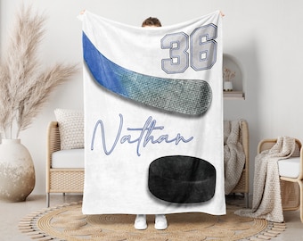 Custom Name & Number Hockey Throw Blankets, Personalized Hockey Player Blanket, Gift for Son Dad Team, Hockey Blanket, Kids Hockey Blanket