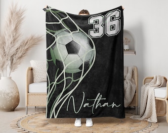 Custom Name & Number Soccer Throw Blankets, Personalized Soccer Player Blanket, Gift for Son Dad Team, Soccer Blanket, Kids Soccer Blanket