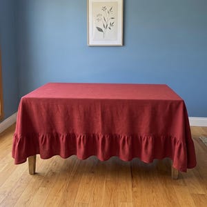 Red Linen Ruffle Tablecloth, Rectangular Table Cover, Farmhouse Dining Washable Linen Tablecloths, Custom Size