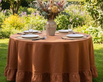Linen Tablecloth, Handmade Ruffled Tablecloth – Round Rustic Farmhouse Cover