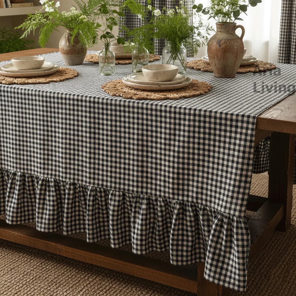 Boho Ruffled Gingham Linen Tablecloth – Handmade Rustic Natural Linen Dinign Table Decor Cloth - Etsy