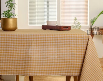 Handmade Yellow Gingham Linen Tablecloth – Custom Size Farmhouse Decor