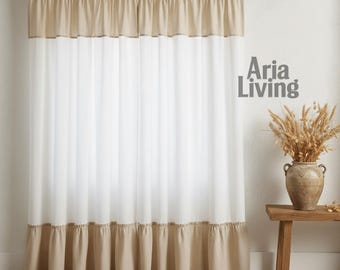 Handmade Linen Ruffled Curtain Panel, Farmhouse Style