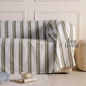Olive Green Stripe Linen Sofa Cover - Natural, Easy Care Slipcover