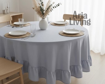 Handmade Ruffled Linen Tablecloth – Round Farmhouse Table Cover