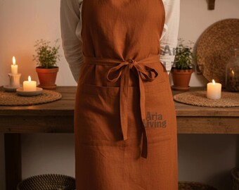 Linen Apron With Pockets, Rust Cooking Garden Apron Women, Handmade Adjustable Strap Baking Pinafore