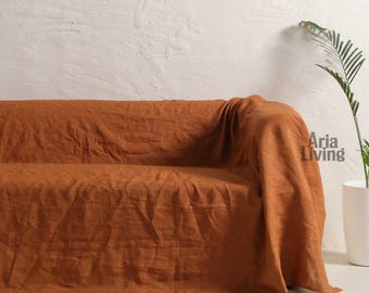 Russet Linen Sofa Throw Cover, Washable Couch Protector