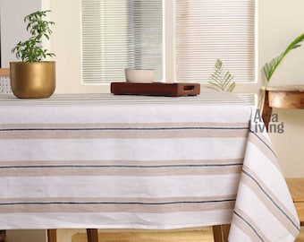 Handmade Striped Linen Tablecloth – Farmhouse Dining Table Cover