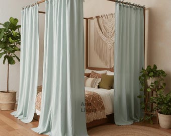 Handmade Linen Bed Canopy Curtains – Privacy Drapes for Bedroom Decor