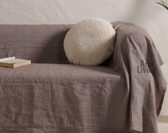 Umber Linen Couch Cover, Natural Linen Throw Sofa Slipcover, Farmhouse Decor