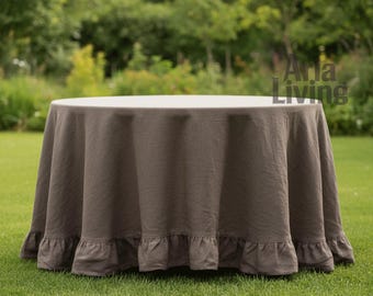 Handmade Ruffled Linen Tablecloth – Round Cottage Table Cover