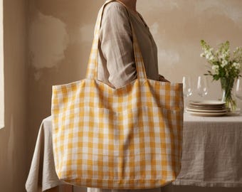 Large Linen Tote Bag with Pockets, Reusable Shopping Carryall