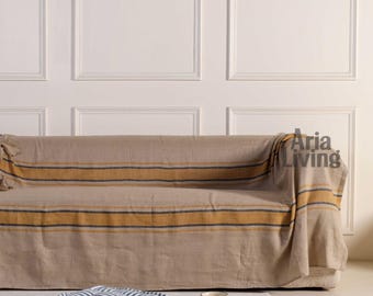 Mustard Stripe Linen Sofa Throw Cover, Custom Size, Stonewashed