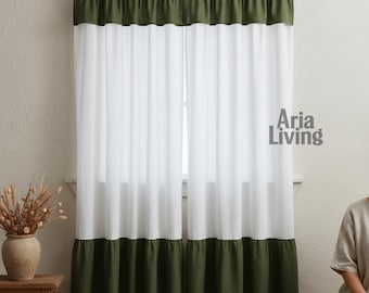 Natural Linen Ruffle Window Curtains, Handmade Linen Drapes for Farmhouse Bedroom Living Room