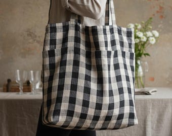 Market Tote Bag: Soft-Washed Linen with Two Front Pockets - Spacious Shoulder Carry