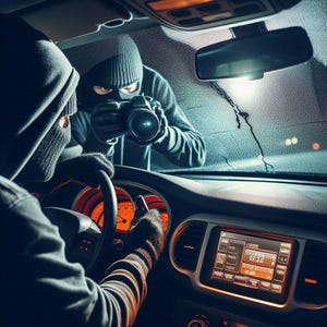 Op de afbeelding: Een auto-interieur toont twee figuren met bivakmutsen. E&eacute;n zit achter het stuur, de ander staat buiten met een camera. Het dashboard gloeit oranje en de voorruit heeft waterstrepen.