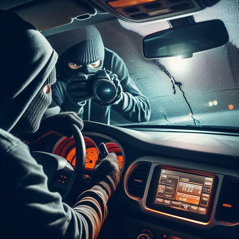 Op de afbeelding: Een auto-interieur toont twee figuren met bivakmutsen. E&eacute;n zit achter het stuur, de ander staat buiten met een camera. Het dashboard gloeit oranje en de voorruit heeft waterstrepen.