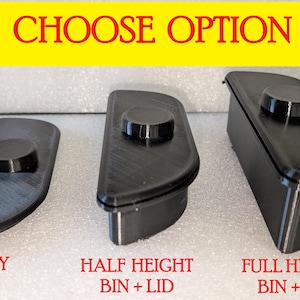 May include: Three black plastic storage bins with lids. The bins are labeled "Lid Only", "Half Height Bin + Lid", and "Full Height Bin + Lid".