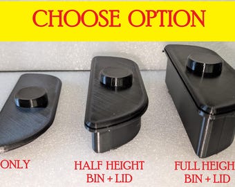 May include: Three black plastic storage bins with lids. The bins are labeled "Lid Only", "Half Height Bin + Lid", and "Full Height Bin + Lid".