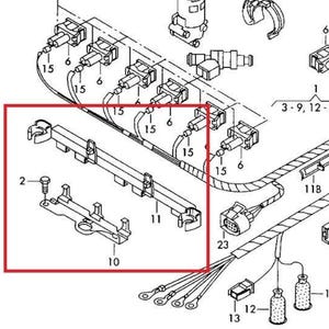 May include: Technical diagram of car fuel injection system components. The image shows a fuel rail, injectors, wiring, and connectors. The diagram is labelled with numbers and lines, illustrating the assembly of the parts.