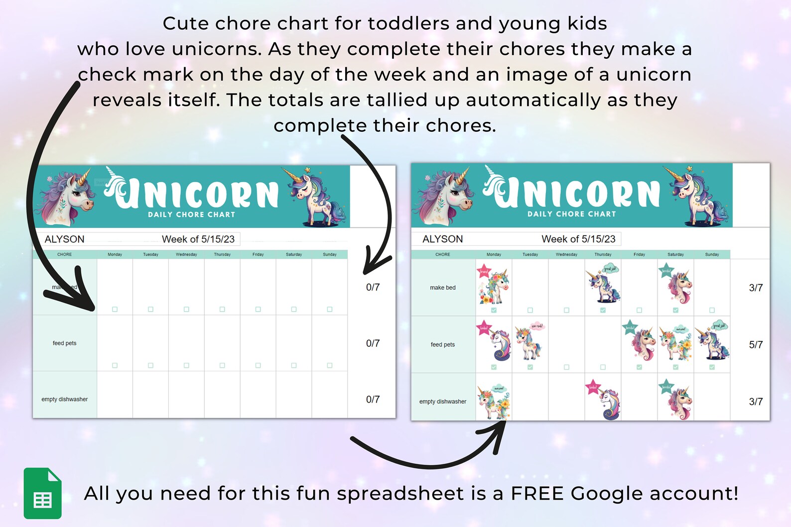 Kids Chore Chart Google Sheets, Kids Chores Spreadsheet, Unicorn Chore ...