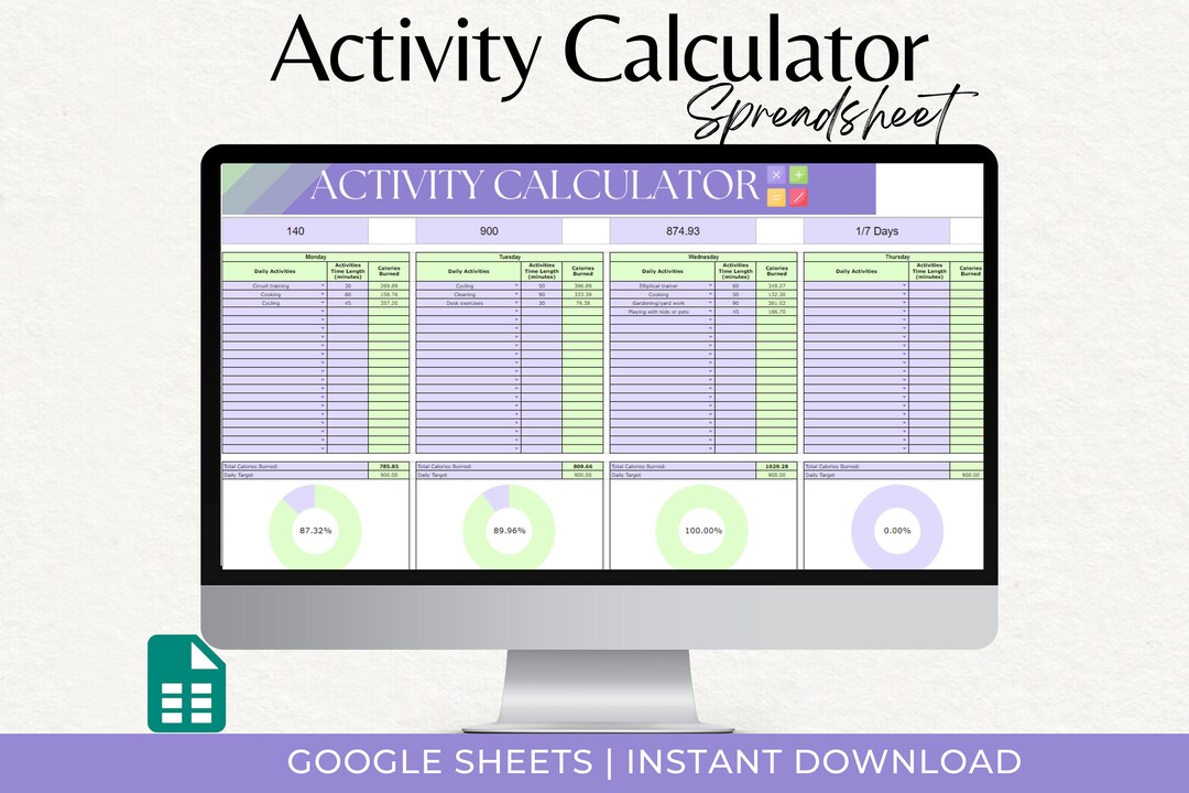Activity Calculator Spreadsheet, Track Daily Activities and Calorie ...