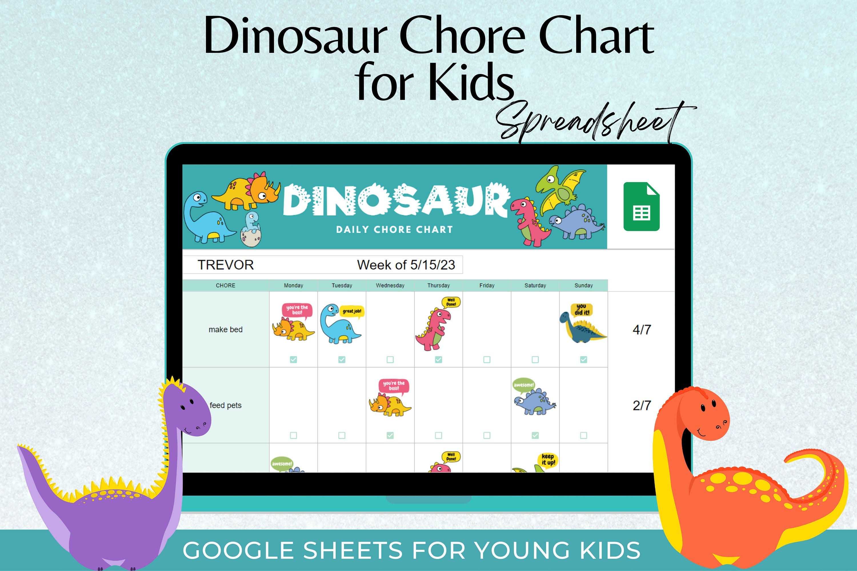 Kids Chore Chart Google Sheets, Kids Chores Spreadsheet, Dinosaur Chore ...