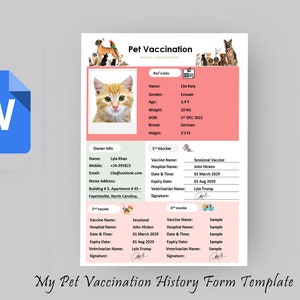 Modelo de registro de vacinação para animais de estimação | Registro de vacinação de animais de estimação para impressão | Registro de saúde do animal de estimação | Registro de saúde canina | Registro de Vacinação Animal