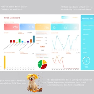 May include: A colorful dashboard with charts and graphs showing data related to safety, training, and accidents. The dashboard is titled "QHSE Dashboard" and includes a reporting alert section with a blue background and a red exclamation point. The dashboard also includes a picture of a dog wearing a flower crown.