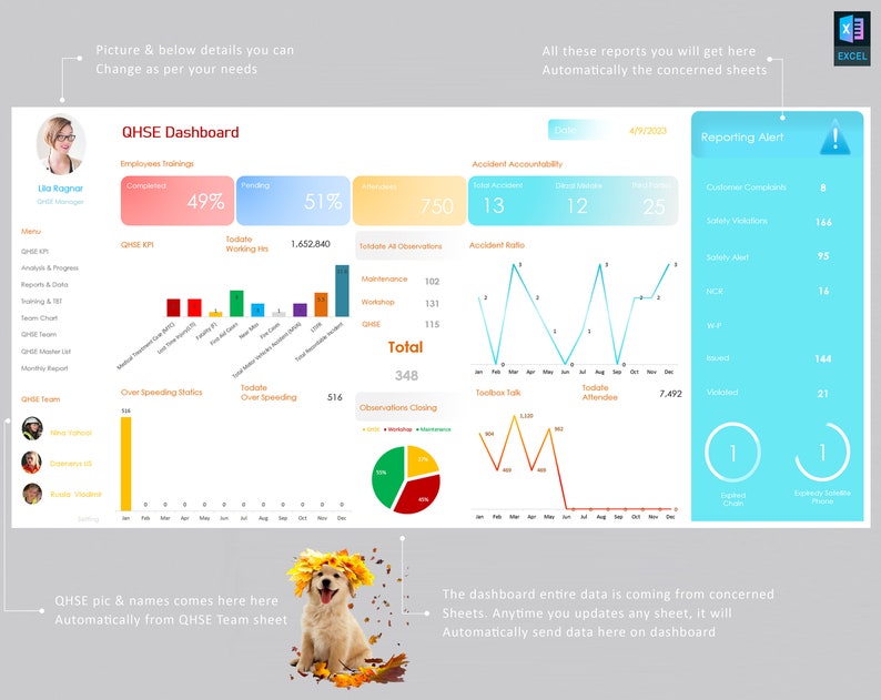 May include: A colorful dashboard with charts and graphs showing data related to safety, training, and accidents. The dashboard is titled "QHSE Dashboard" and includes a reporting alert section with a blue background and a red exclamation point. The dashboard also includes a picture of a dog wearing a flower crown.