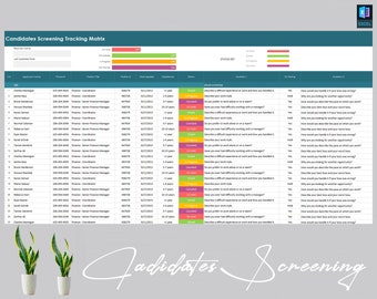 May include: A spreadsheet titled "Candidates Screening Tracking Matrix" with data on candidate applications. The document includes columns for applicant information, position details, and status. The Excel document has a teal header and is on a white background.