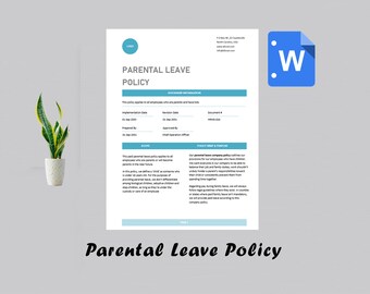 May include: A white document with the title "Parental Leave Policy" and a blue header with the text "Document Information". The document outlines a parental leave policy for employees who are parents or have kids. The document includes sections for scope, policy brief and purpose, and paid parental leave.
