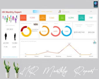 HR Monthly Report Dashboard | Human Resources Dashboard | HR Microsoft Excel Printable & Editable Template | Human Resources Forms