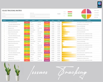May include: A colorful spreadsheet with the title "Issues Tracking Matrix" and a pie chart showing the status of different issues. The spreadsheet includes columns for issue number, description, priority, assigned to, status, and comments.