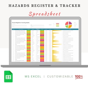 Puede incluir: Una computadora portátil muestra una hoja de cálculo titulada "Hazards Register & Tracker". La hoja de cálculo tiene un formato de matriz con celdas y gráficos de colores. El texto "MS EXCEL | CUSTOMIZABLE 100%" se muestra debajo.