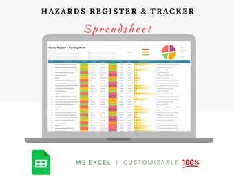 May include: A laptop displays a spreadsheet titled "Hazards Register & Tracker." The spreadsheet has a matrix format with colored cells and charts. The text "MS EXCEL | CUSTOMIZABLE 100%" is displayed below the laptop.