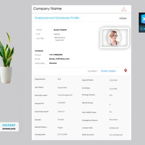 Peut inclure: Une plante serpent blanche et verte dans un pot blanc. La plante est posée sur une surface blanche. L'image comprend également un document intitulé "Employement Database Profile" et des informations sur une personne nommée Russia Vladmir. Le document comprend des informations telles que le numéro d'identification de la personne, son titre de poste, ses coordonnées, sa date de naissance et d'autres informations personnelles.