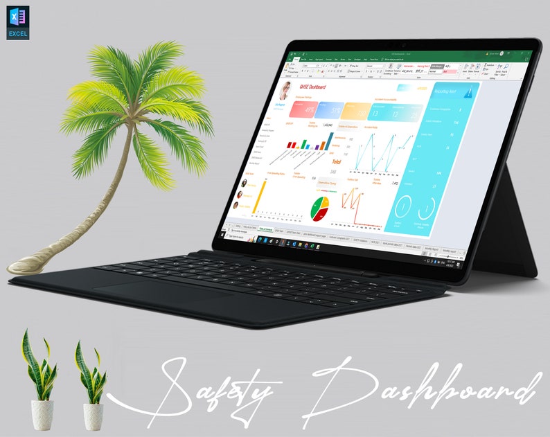 May include: A black laptop with a white keyboard and a bright, colorful spreadsheet open on the screen. The spreadsheet is titled "Safety Dashboard" and contains various charts and graphs. The laptop is sitting on a gray surface with a green palm tree and two potted plants in the background.