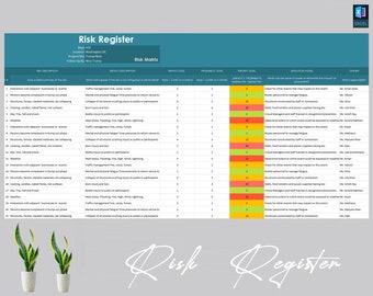 May include: A spreadsheet titled "Risk Register" with a green header and a table with columns labeled "Risk Description", "Impact Description", "Impact Level", "Probability Level", "Priority Level", "Mitigation Notes", and "Owner". The table contains information about potential risks and their impact on a project.