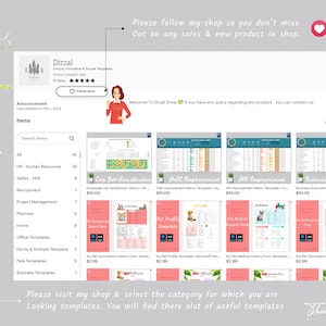 May include: A screenshot of an Etsy shop with a variety of printable templates for sale. The shop is called Dirzal and offers templates for human resources, safety, recruitment, project management, planners, home, office, farms and animals, pets, and business. The templates are available for download in PDF format. The shop also offers a variety of other products, such as stickers, printables, and digital downloads.