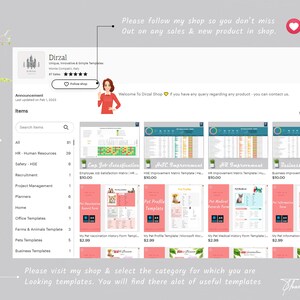 May include: A screenshot of an Etsy shop with a variety of printable templates for sale. The shop is called Dirzal and offers templates for human resources, safety, recruitment, project management, planners, home, office, farms and animals, pets, and business. The templates are available for download in PDF format. The shop also offers a variety of other products, such as stickers, printables, and digital downloads.
