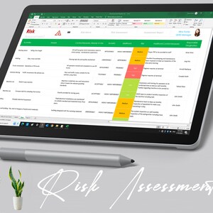 May include: A screenshot of a spreadsheet on a tablet computer showing a risk assessment form. The form includes a list of activities, hazards, control measures, severity, likelihood, risk, additional control measures, responsible person, and reasonable justification. The spreadsheet is titled "Risk Assessment".