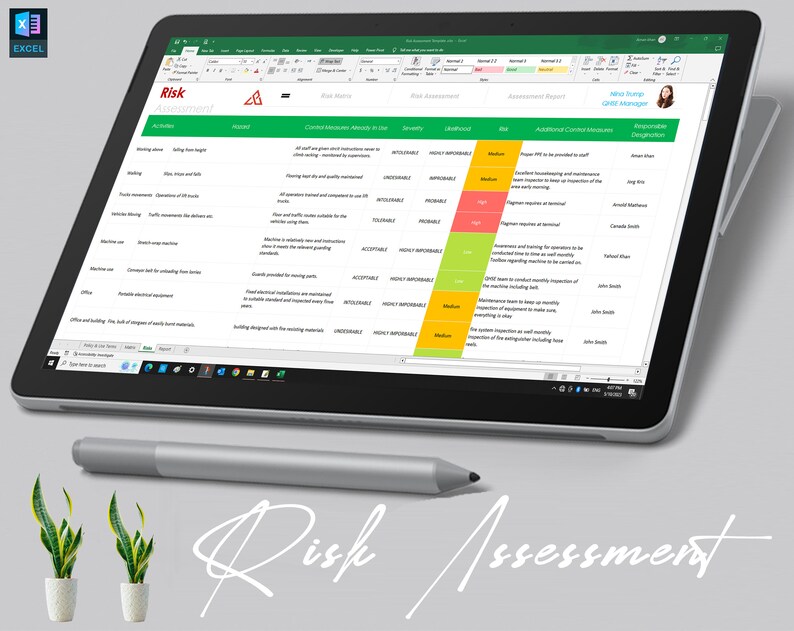 May include: A screenshot of a spreadsheet on a tablet computer showing a risk assessment form. The form includes a list of activities, hazards, control measures, severity, likelihood, risk, additional control measures, responsible person, and reasonable justification. The spreadsheet is titled "Risk Assessment".
