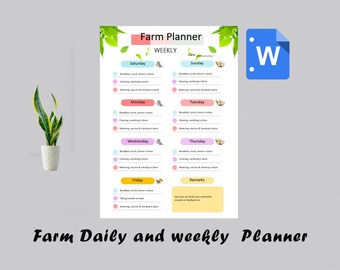 May include: A printable weekly farm planner with a pink and blue color scheme. The planner includes sections for Saturday, Sunday, Monday, Tuesday, Wednesday, Thursday, and Friday. Each day has sections for breakfast, lunch, dinner, cleaning, watering, vaccine, and checkup. There is also a section for remarks.